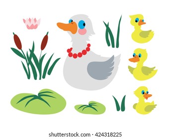 Set of mother duck with three baby ducks isolated on white background. Vector illustration.