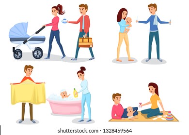 
Set mother and father take care of the child. They walk with the stroller, bathe the baby, play and develop, calm and treat. Vector illustration of designer banner