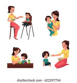 Set of mother feeding her baby, son, daughter, sitting and standing, cartoon vector illustration isolated on white background. Mother, mom giving food to her child, kid, baby in different positions