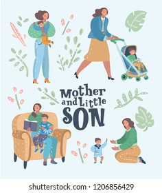 Set of mother with her son in different poses and situations. Motherhood concept. Mom playing and walking with her baby boy. Mama reading book to her child. Vector cartoon illustration