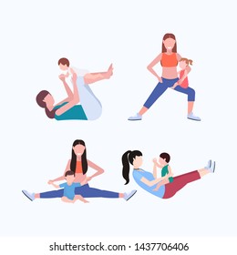 set mother and kid doing different physical exercises sportswoman engaged in fitness or yoga with baby healthy lifestyle concept flat full length