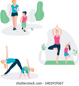 Set with mother and kid doing sport exercises. Family sports activity