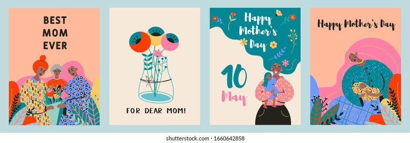 Set Mother and long hair and daughters   bouquet flower  Happy Mother's Day celebration greeting card design decorated and flowers in flat hand drawn style 