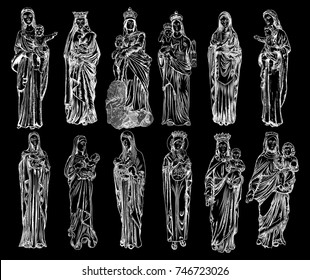 Set of Mother Mary with Jesus Christ baby in her hands. Mother of God with a child. The Nativity or the Birth of the Blessed Jesus Christ. Blackwork adult flesh tattoo concept. Vector.