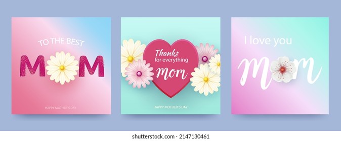 Set of Mother s Day cards with hearts and spring flowers in pastel colors. Heart shaped vector love symbols for Mother s Day greeting card design. Vector illustration