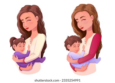 Poner a la madre con su hijo y con su hija, personajes adorables de abrazo, día de las madres con estilo de dibujos animados aislados en fondo blanco. Cuidado de los niños, cariño.