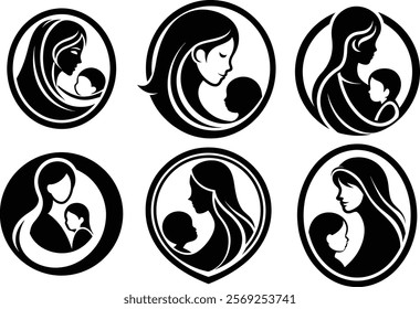 Set of mother and son shillouette vector illustration