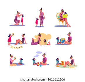 Set of mother spending time with daughter. Flat vector illustrations of parent playing, reading, teaching child. Family leisure concept for banner, website design or landing web page