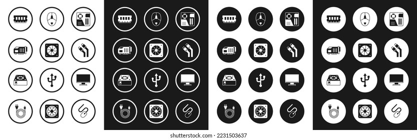 Set Motherboard digital chip, Computer cooler, Video graphic card, RAM, random access memory, LAN cable network internet, mouse, monitor screen and  icon. Vector