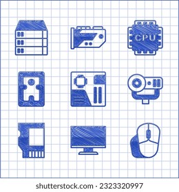 Setzen Sie den digitalen Chip der Hauptplatine, Computerbildschirm, Maus, Webkamera, SD-Karte, Festplattenlaufwerk HDD, Prozessor mit CPU und Server, Daten, Hosting-Symbol ein. Vektorgrafik