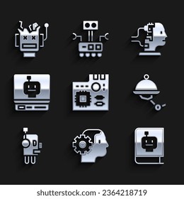 Set Motherboard digital chip, Humanoid robot, User manual, Waiter, Robot, for maintenance and Broken icon. Vector