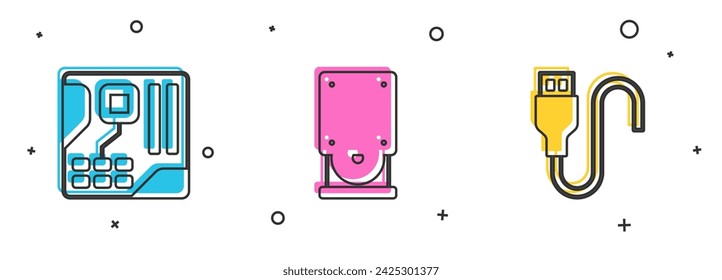 Set Motherboard digital chip, Optical disc drive and USB cable cord icon. Vector