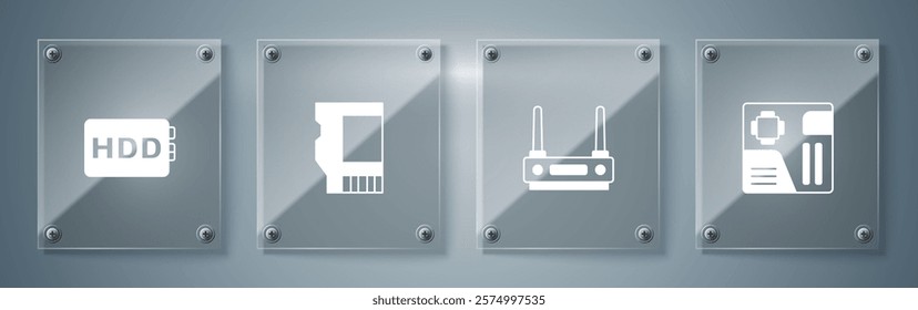 Set Motherboard digital chip, Router and wi-fi signal, SD card and Hard disk drive HDD. Square glass panels. Vector