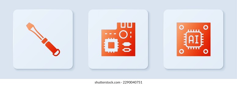 Set Motherboard digital chip, Screwdriver and Processor with microcircuits CPU. White square button. Vector