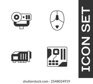 Set Motherboard digital chip, Web camera, Video graphic card and Computer mouse icon. Vector