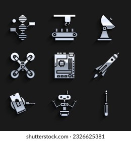Set Motherboard, Robot, Screwdriver, Rocket ship with fire, Wireless charger, Drone flying, Radar and DNA symbol icon. Vector