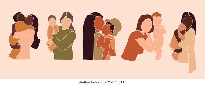 Set of mothers with children for mother's day. Mother's care. Faceless vector illustration. EPS 10