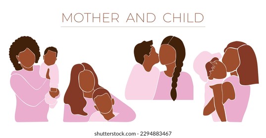 Set of mothers with children for mother's day or children`s day. Mother's care. Faceless vector illustration. EPS 10