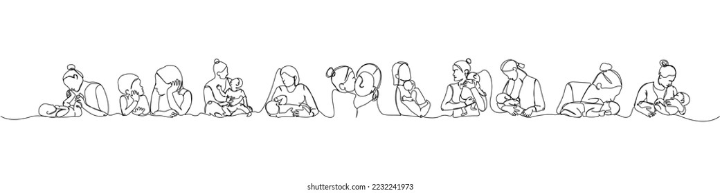 Set of mothers with children in his arms one line art. Continuous line drawing of newborn, motherhood, family, love, child, care, childhood, worries, mother day, celebrate.