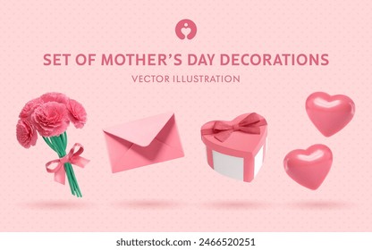 A Set of Mother's Day 3D Vector Items: Carnation Bouquet, Envelope, Gift Box, Heart