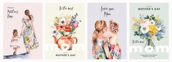 Set Of Mothers Day Card With Cute  Trendy Watercolor Illustrations Of Mom And Daughter, Bouquet Of Spring Flowers, Modern Typography And Holiday Wishes. Mothers Day Templates For Poster, Cover, Banner
