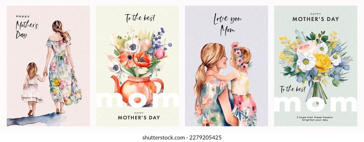 Set of Mothers Day card with cute  trendy watercolor illustrations of mom and daughter, bouquet of spring flowers, modern typography and holiday wishes. Mothers day templates for poster, cover, banner - Shutterstock ID 2279205425