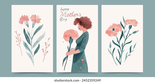 A set of Mother's Day card designs featuring simple and fresh watercolor illustrations of beautiful mothers with carnation flowers and bouquets.