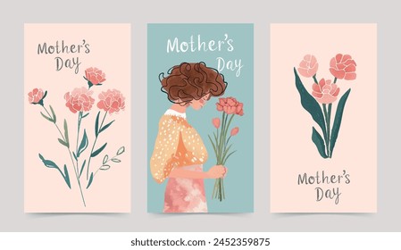 A set of Mother's Day card designs featuring simple and fresh watercolor illustrations of beautiful mothers with carnation flowers and bouquets.