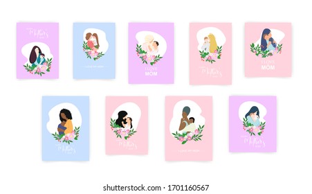 Set of Mother's day cards. Collection of vector templates for scrapbooking, journaling, congratulations and cards.