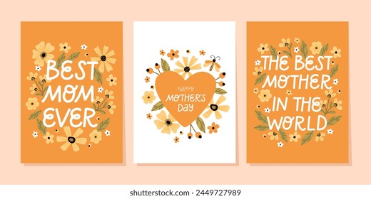 Set of Mother's Day cards. With congratulations and flowers. Vector illustration