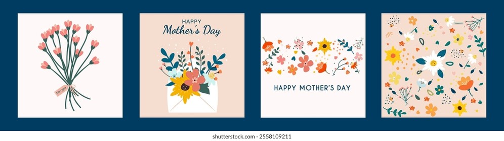 Set of Mother's Day cards. Floral cards with congratulations for mom. Hand drawn flowers and leaves.