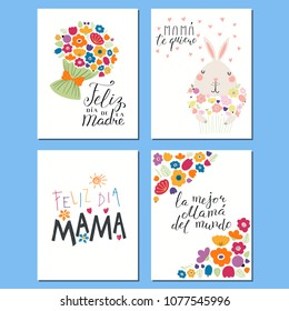 Set of Mothers Day cards templates with hand written lettering quotes in Spanish, cute bunny with flowers, hearts, childish drawings. Vector illustration. Design concept banner, postcard, gift tag.