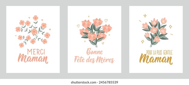 Set of Mother's Day cards. Text in French - Happy Mother's Day, Thank you mom, For the nicest mom. Holidays lettering. Ink illustration. Postcard design.