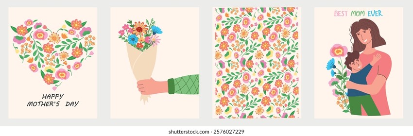 Set of Mother's Day cards. Vector illustration of flowers in the shape of a heart, mother holding her son, handwritten lettering Happy Mother's Day.