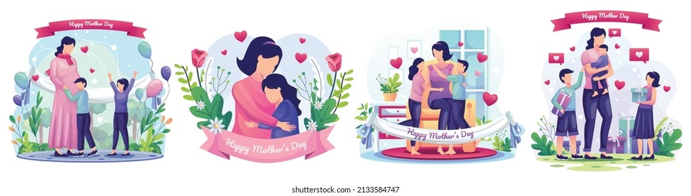 Set of Mother's Day concept with Children celebrate mother's day with their mother at home. Mother and her daughter are hugging. Flat style vector illustration