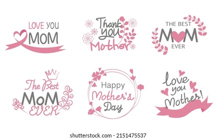 Set of Mother's day decoration texts. Happy Mother's day design icons for tag, labels and graphic design. Vector illustration.