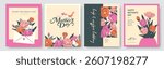 Set of Mother's Day greeting card, cover, poster, vector illustration with beautiful blossom flowers.