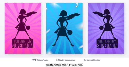 Set of Mother's Day greeting card banner templates. Superhero woman silhouette and text.