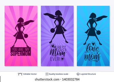 Set of Mother's Day greeting card banner templates. Superhero woman silhouette and text.