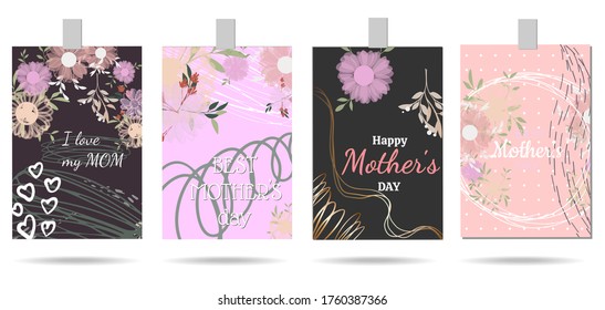 Set of Mother's day greeting card greeting cards with simple flowers. Vector illustration.