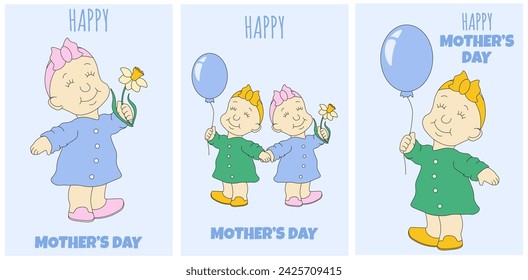 Set Mother's Day greeting Card cover. Clipart Toddler. Baby Girl with narcissus and air balloon. Vector illustration can used web and social media holiday poster flyer banner. Editable stroke EPS 10