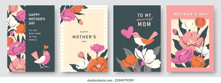 Set of Mother's Day greeting card, cover, poster, banner, vector illustration with beautiful blossom flowers.