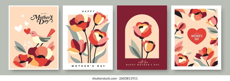 Set of Mother's Day greeting card, cover, poster, vector illustration with beautiful blossom flowers.