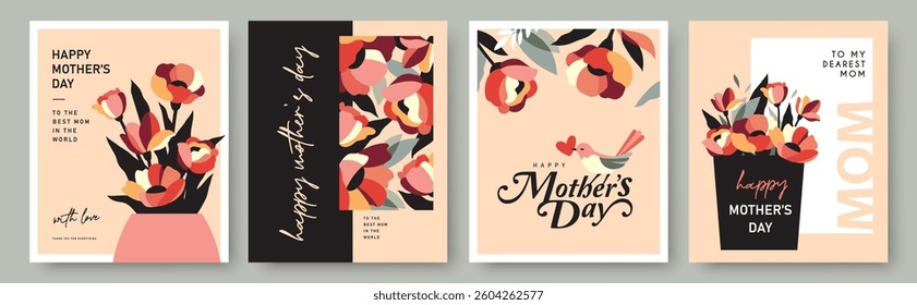 Set of Mother's Day greeting card, poster, cover, vector illustration with beautiful blossom flowers.