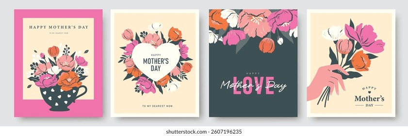 Set of Mother's Day greeting card, cover, poster, vector illustration with beautiful blossom flowers.