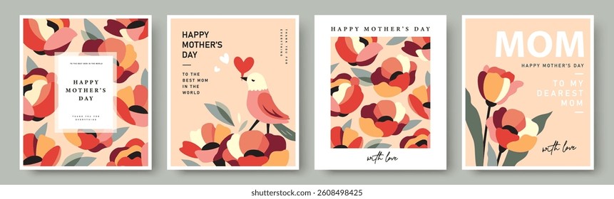 Set of Mother's Day greeting card, cover, poster, vector illustration with beautiful blossom flowers.