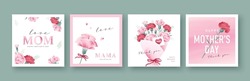 Set Of Mother's Day Greeting Cards With Watercolor Carnation Flowers.