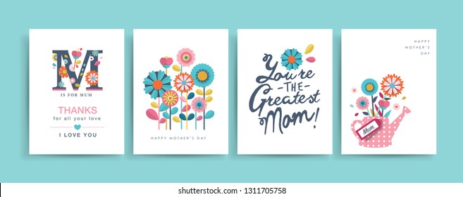 Set of Mother's Day greeting cards with paper cut flowers and typography