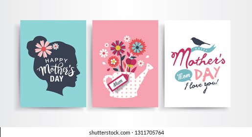 Set of Mother's Day greeting cards with paper cut flowers and typography