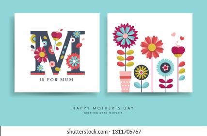 Set of Mother's Day greeting cards with paper cut flowers and typography